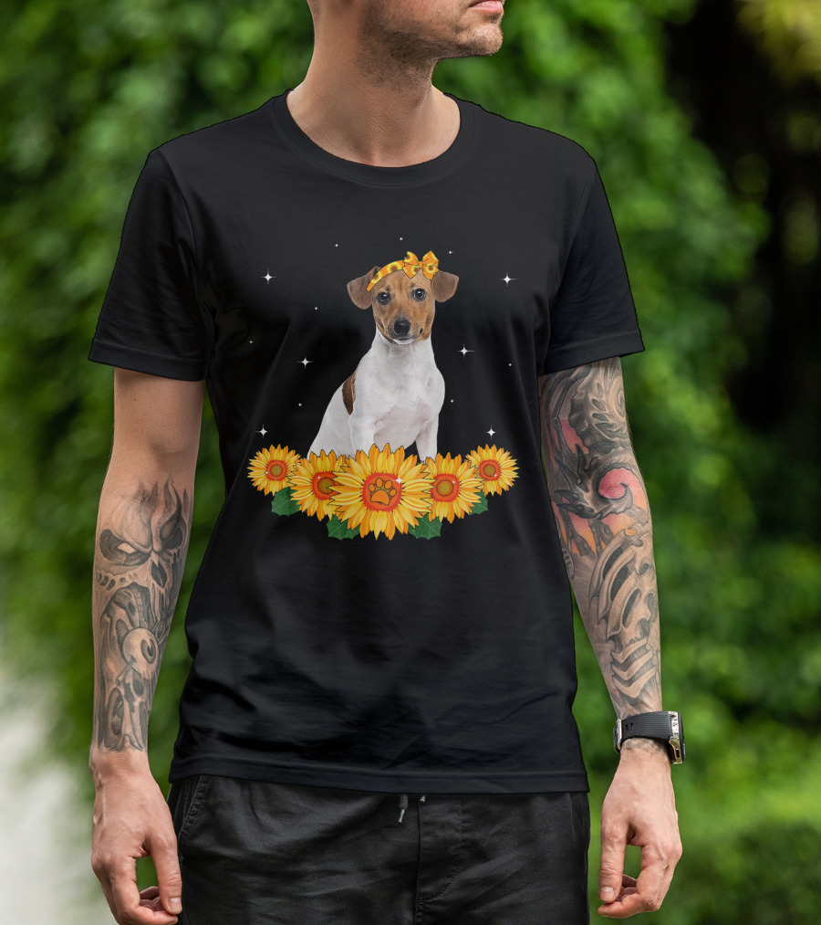 Cute Jack Russell Terrier With Sunflower Headband Surrounded By Sunflowers And Stars T-Shirt