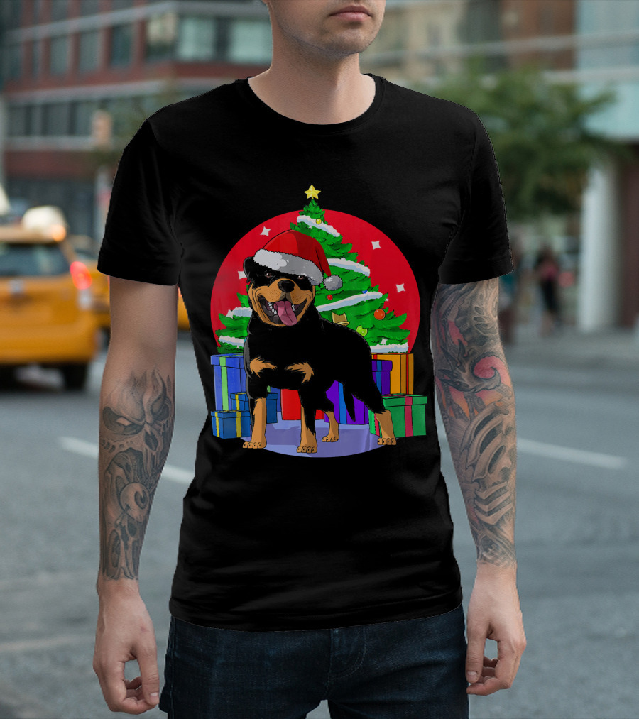 Christmas Rottweiler Santa Hat with Holiday Tree and Presents T-Shirt