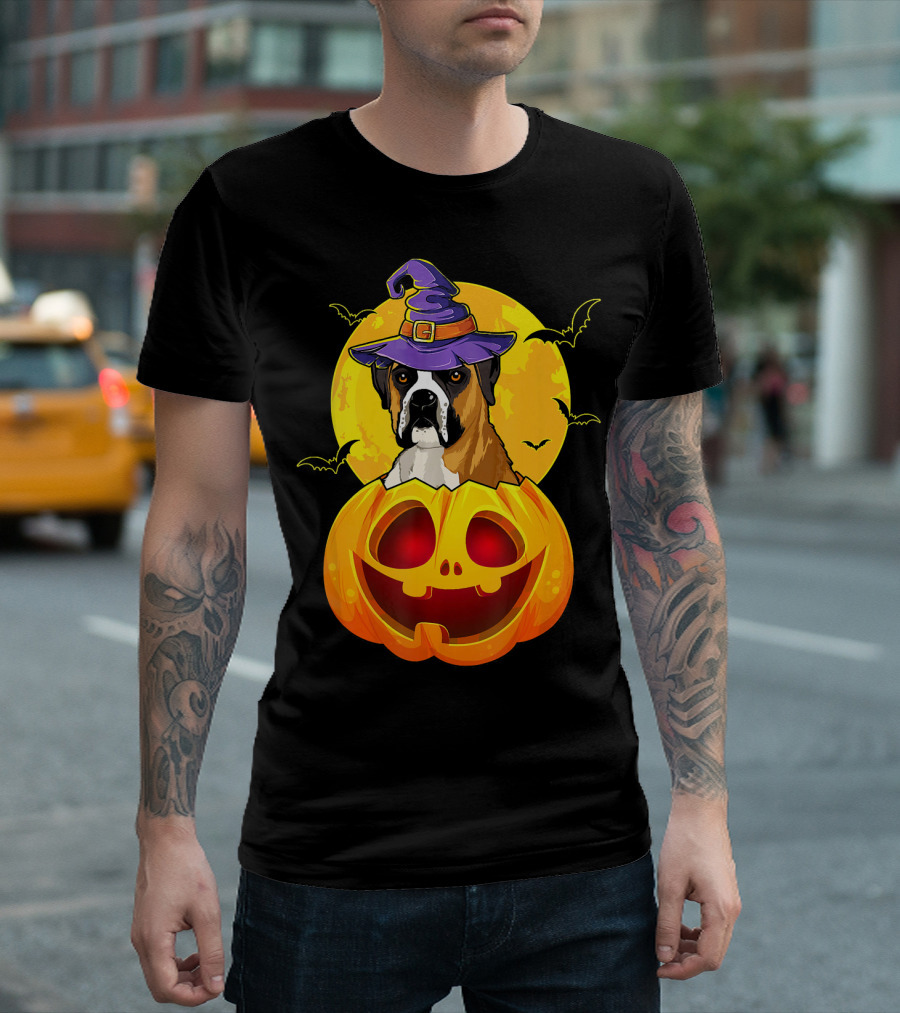 Boxer Dog Witch Hat Halloween Jack O Lantern Full Moon Bats T-Shirt