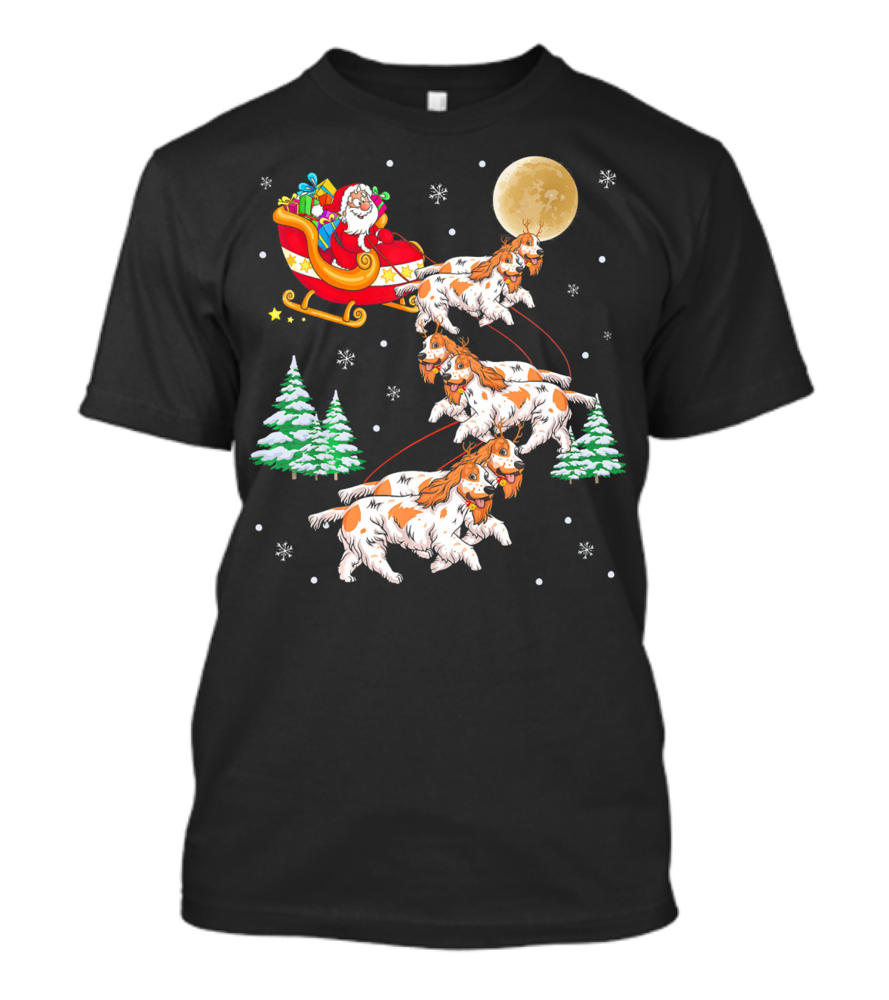 Cocker Spaniel Christmas Reindeer Santa Sleigh Moon Snowflakes Trees T-Shirt