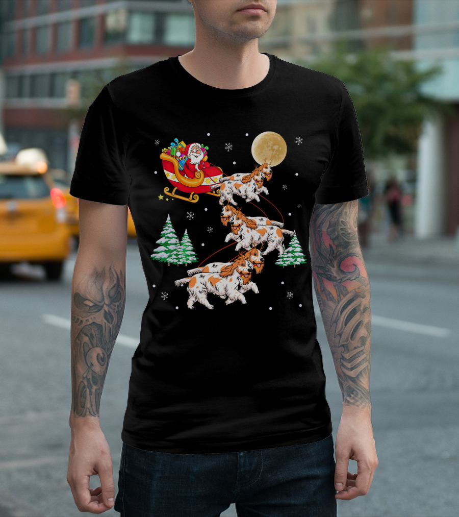 Cocker Spaniel Christmas Reindeer Santa Sleigh Moon Snowflakes Trees T-Shirt