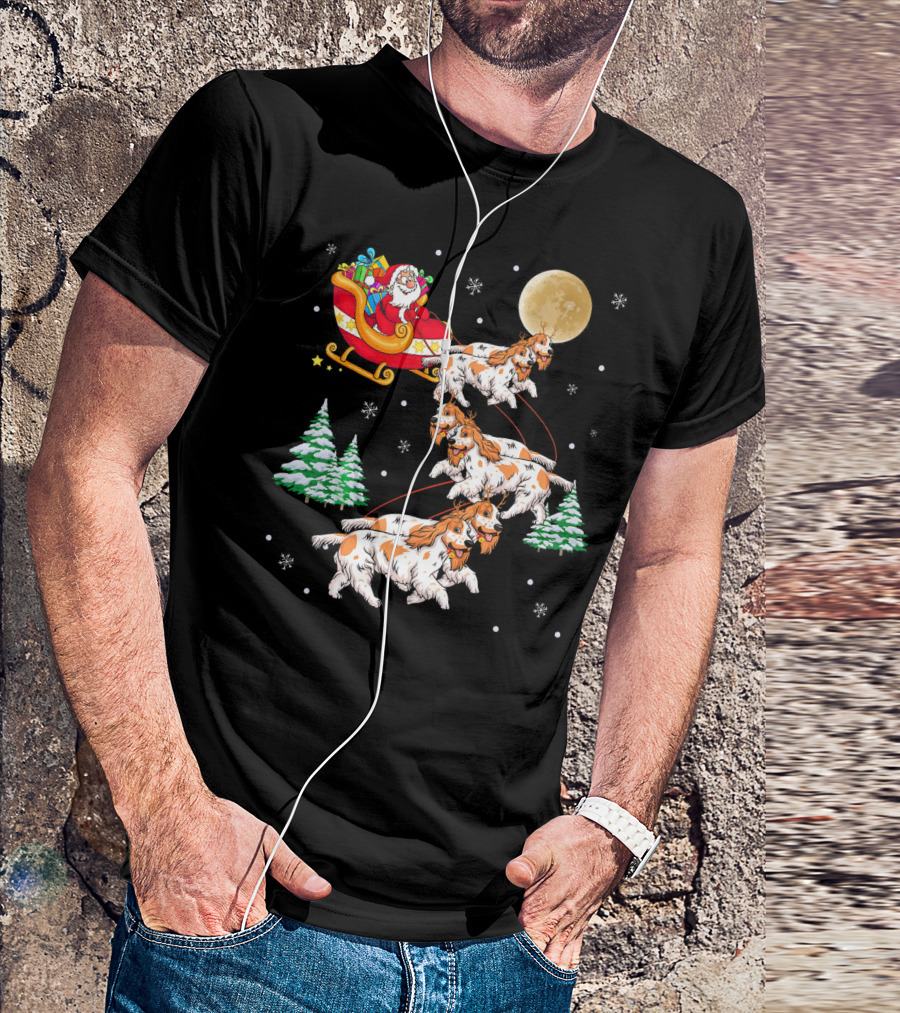 Cocker Spaniel Christmas Reindeer Santa Sleigh Moon Snowflakes Trees T-Shirt