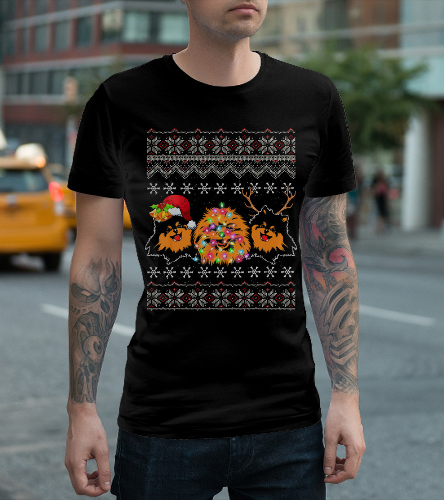 Christmas Pomeranian Santa Lights Reindeer Snowflakes T-Shirt