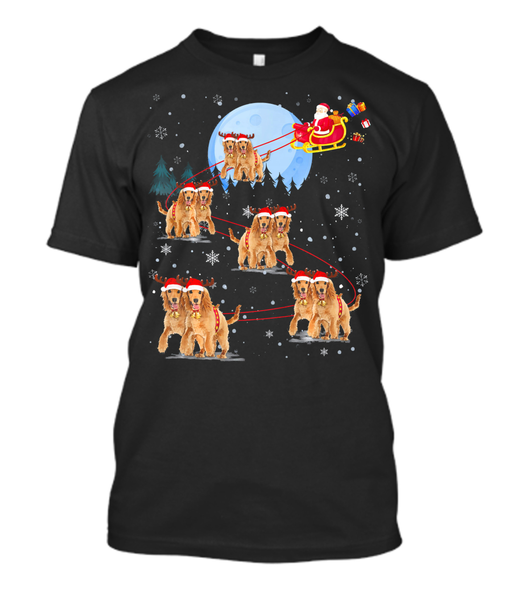 Cocker Spaniel Reindeer Santa Sleigh With Presents Under Full Moon T-Shirt