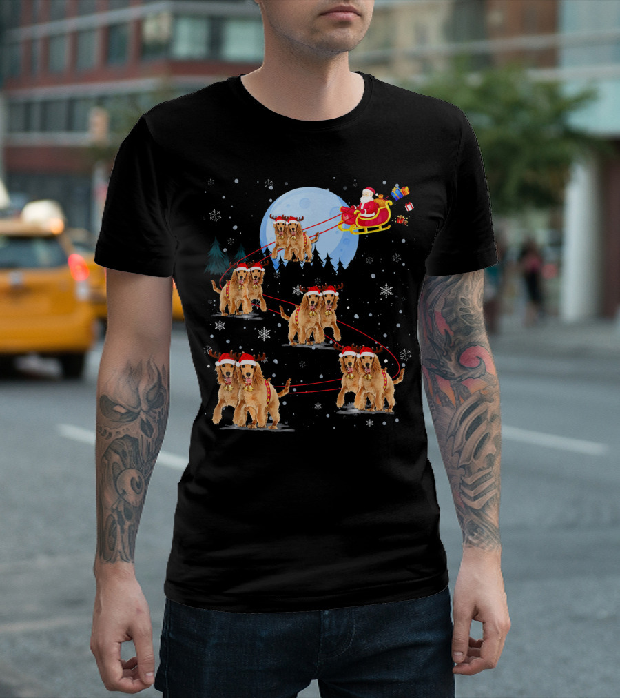 Cocker Spaniel Reindeer Santa Sleigh With Presents Under Full Moon T-Shirt