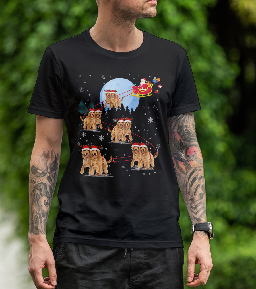 Cocker Spaniel Reindeer Santa Sleigh With Presents Under Full Moon T-Shirt