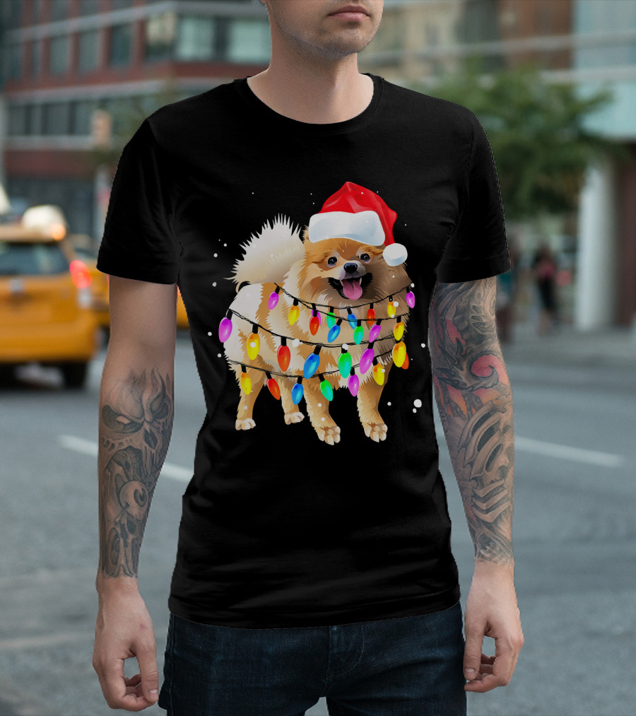 Cute Christmas Lights Pomeranian Santa Hat T-Shirt