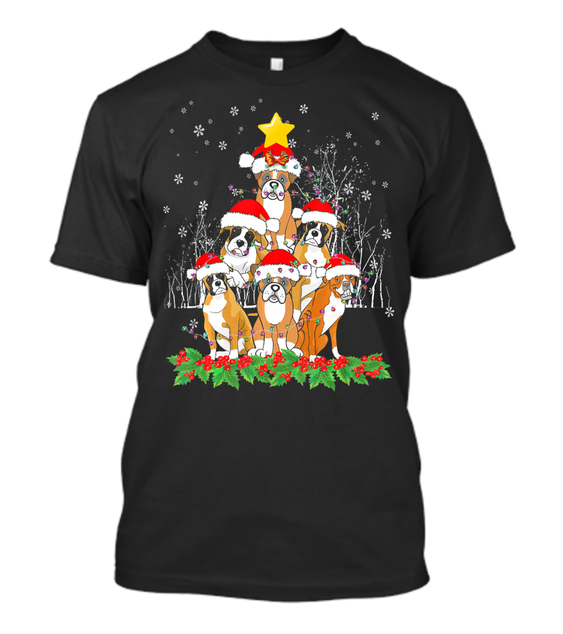 Festive Boxer Dogs With Santa Hats And Star Christmas Tree Arrangement T-Shirt
