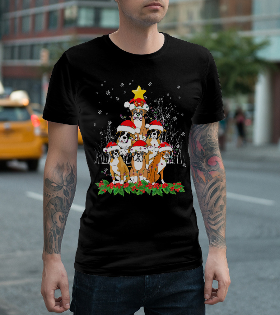 Festive Boxer Dogs With Santa Hats And Star Christmas Tree Arrangement T-Shirt