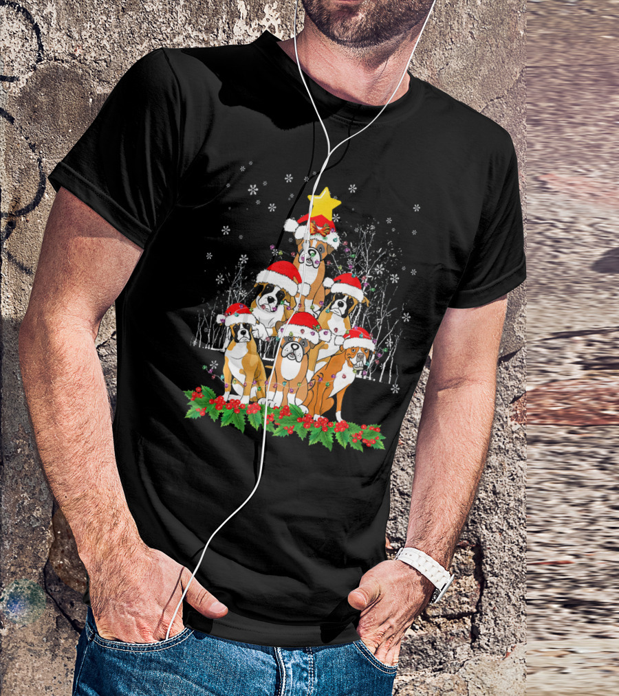Festive Boxer Dogs With Santa Hats And Star Christmas Tree Arrangement T-Shirt