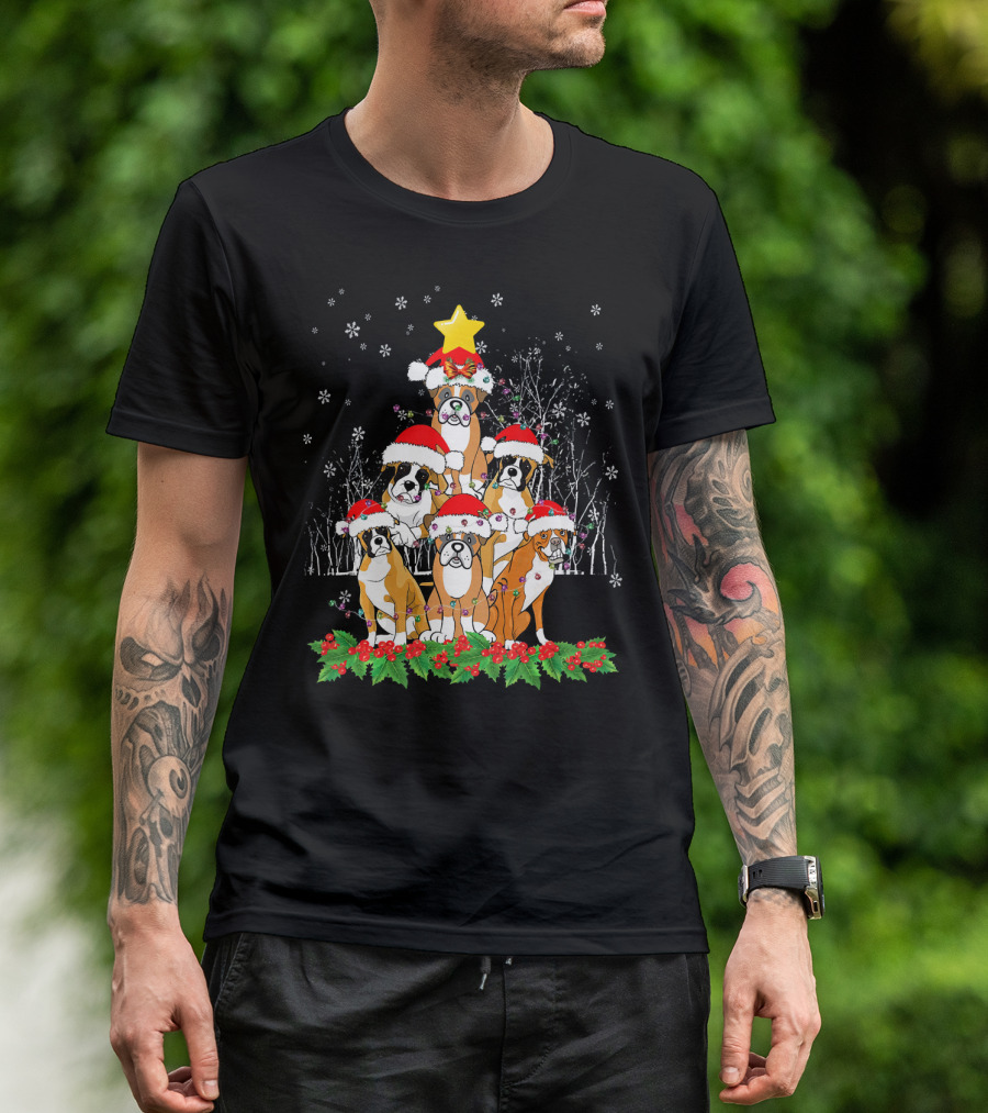 Festive Boxer Dogs With Santa Hats And Star Christmas Tree Arrangement T-Shirt