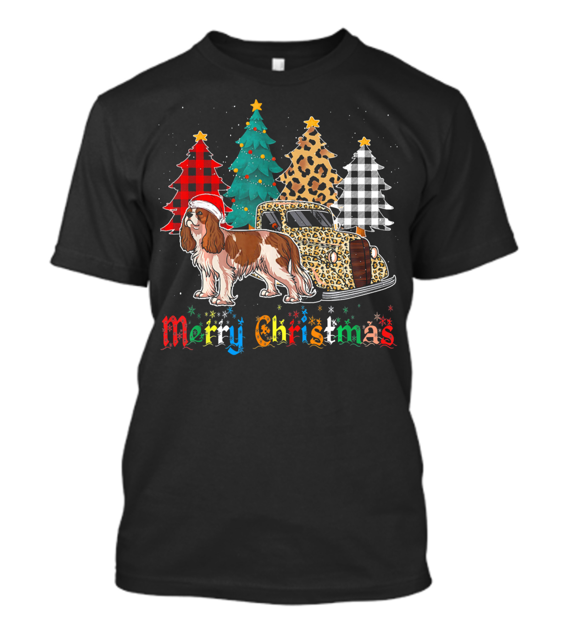 Merry Christmas Cavalier King Charles Spaniel Leopard Plaid Trees T-Shirt