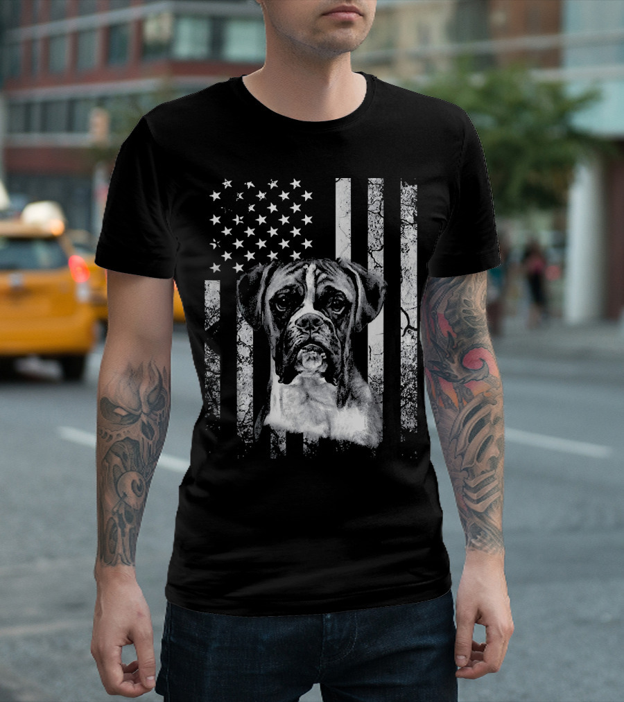 America Boxer Dog 4th of July USA Flag Boxer T-Shirt