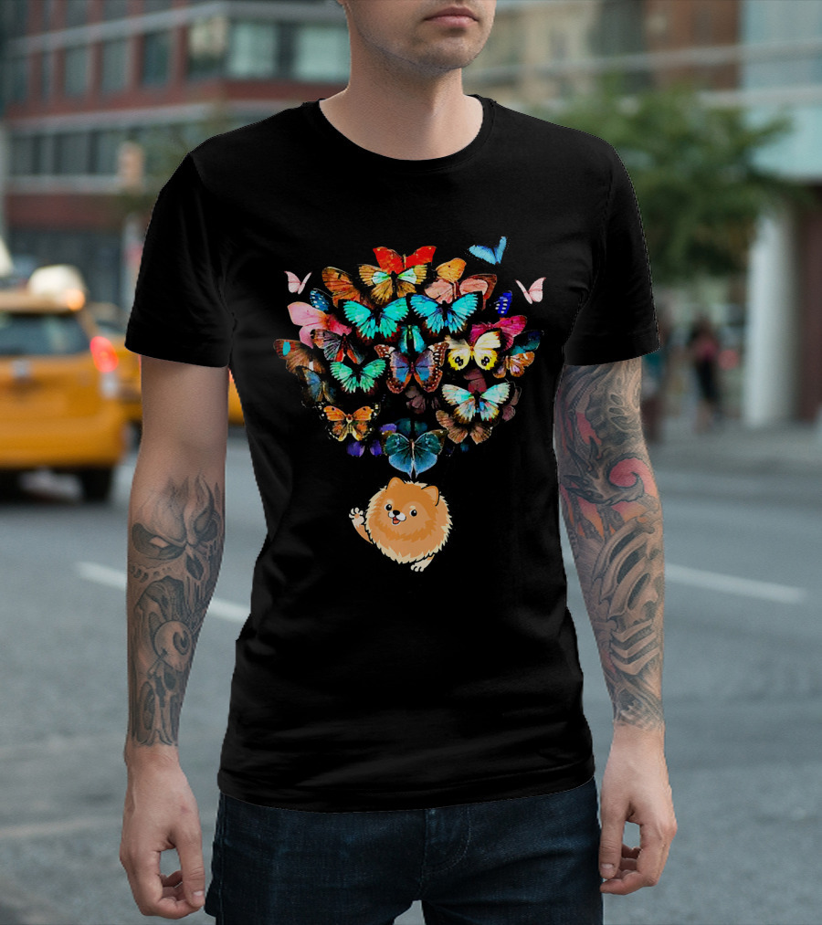 Cute Pomeranian Pom with Colorful Butterflies Hot Air Balloon T-Shirt