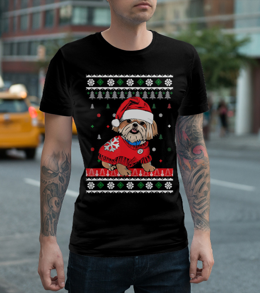 Cute Dog Shih Tzu Santa Hat Christmas Sweater Holiday Trees Snowflakes T-Shirt