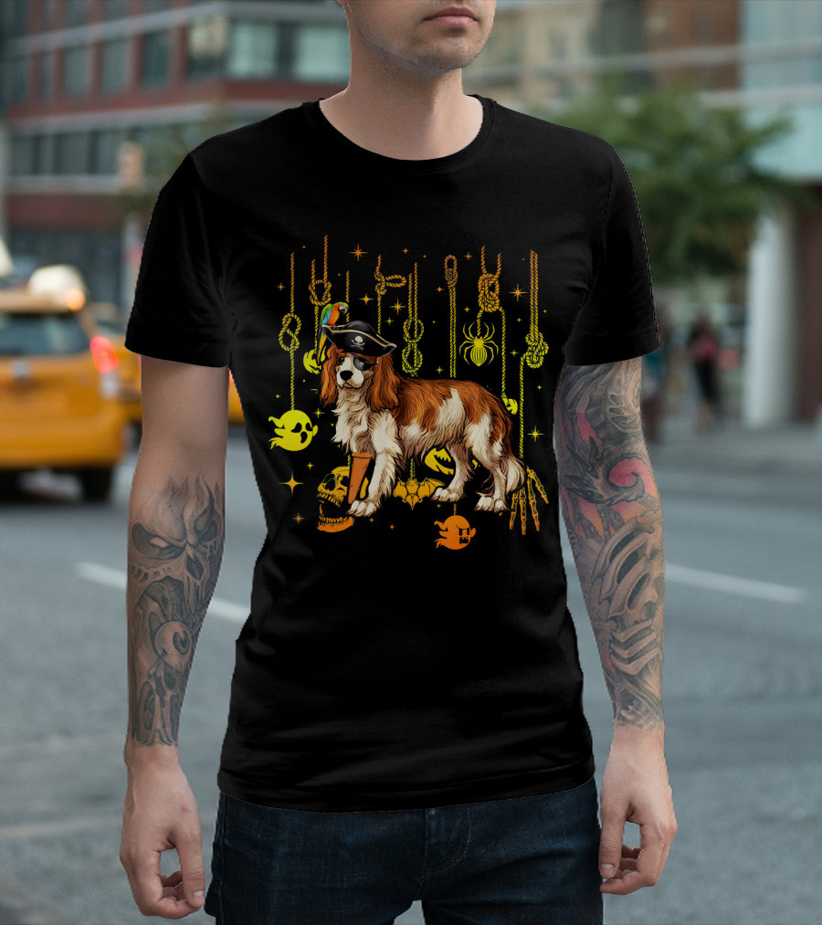 Cavalier King Charles Spaniel Pirate with Halloween Ghosts and Skulls T-Shirt