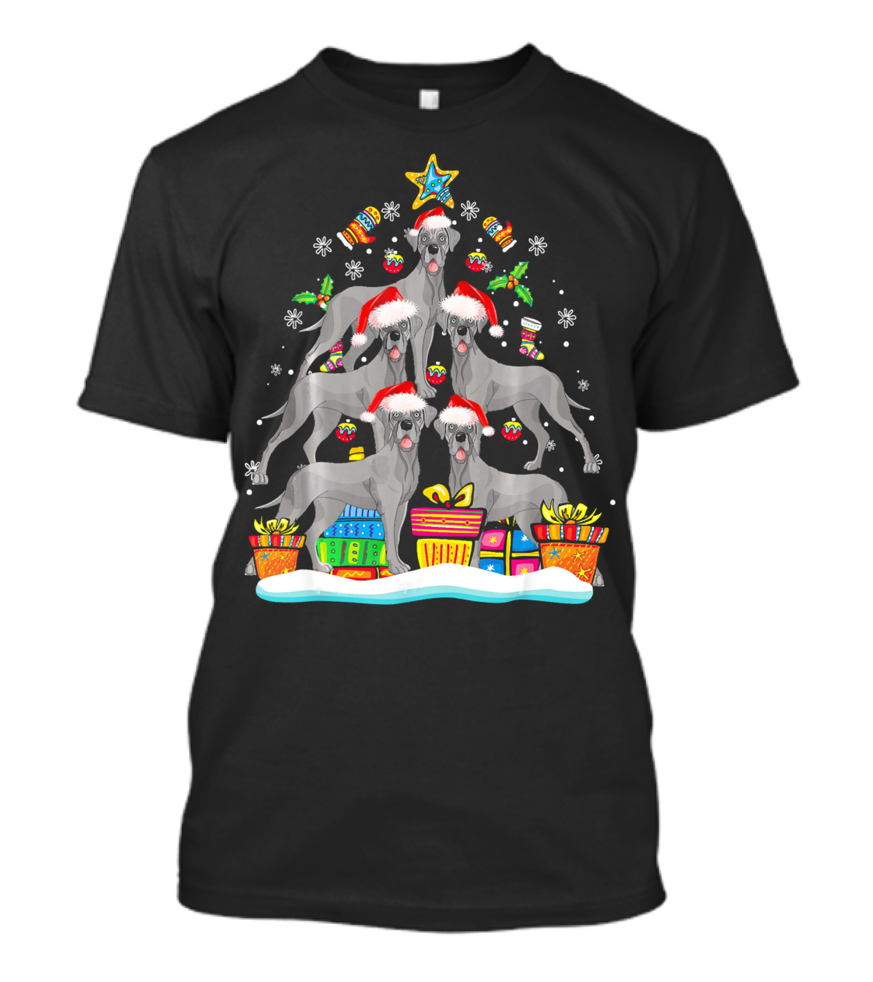 Great Dane Christmas Tree With Santa Hats And Presents T-Shirt