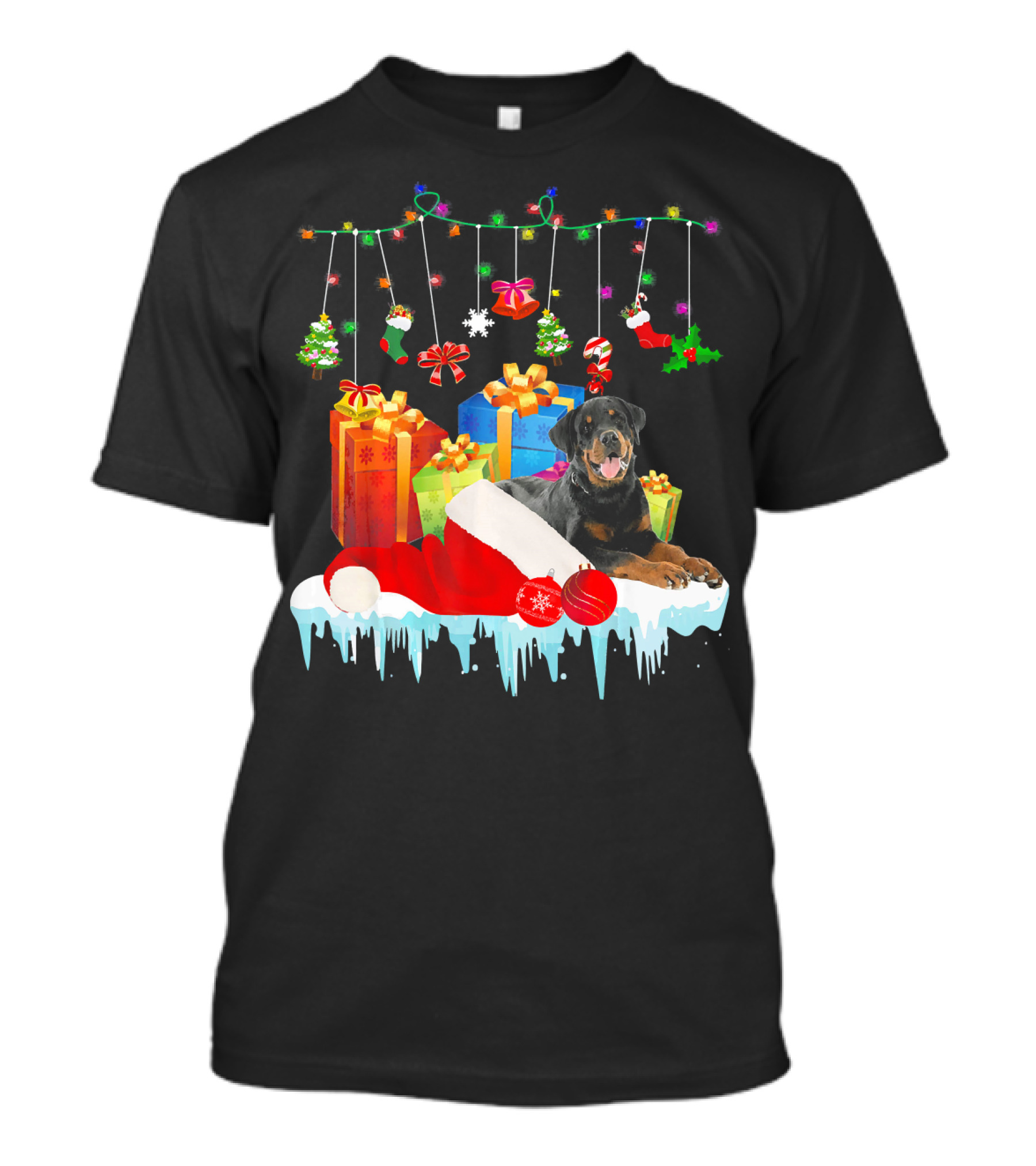 Rottweiler With Santa Hat And Christmas Gifts Under Holiday Lights T-Shirt