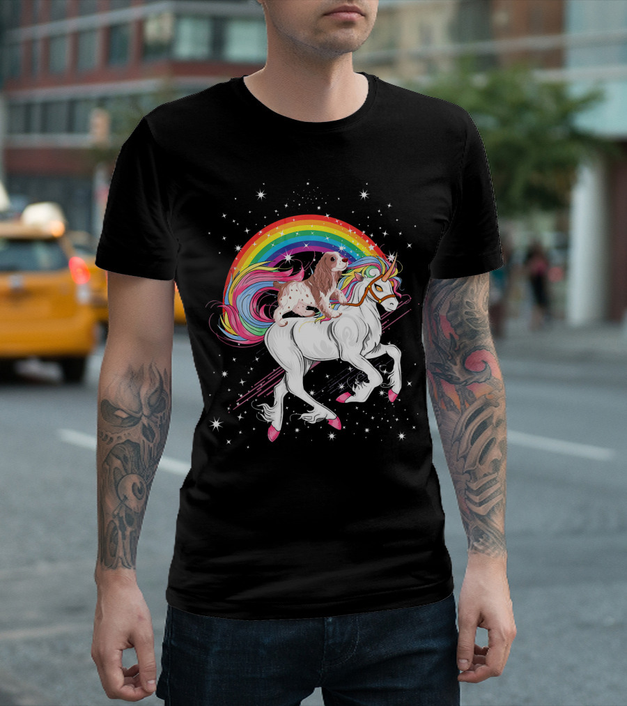 Cocker Spaniel Riding Unicorn with Rainbow in Space Galaxy T-Shirt
