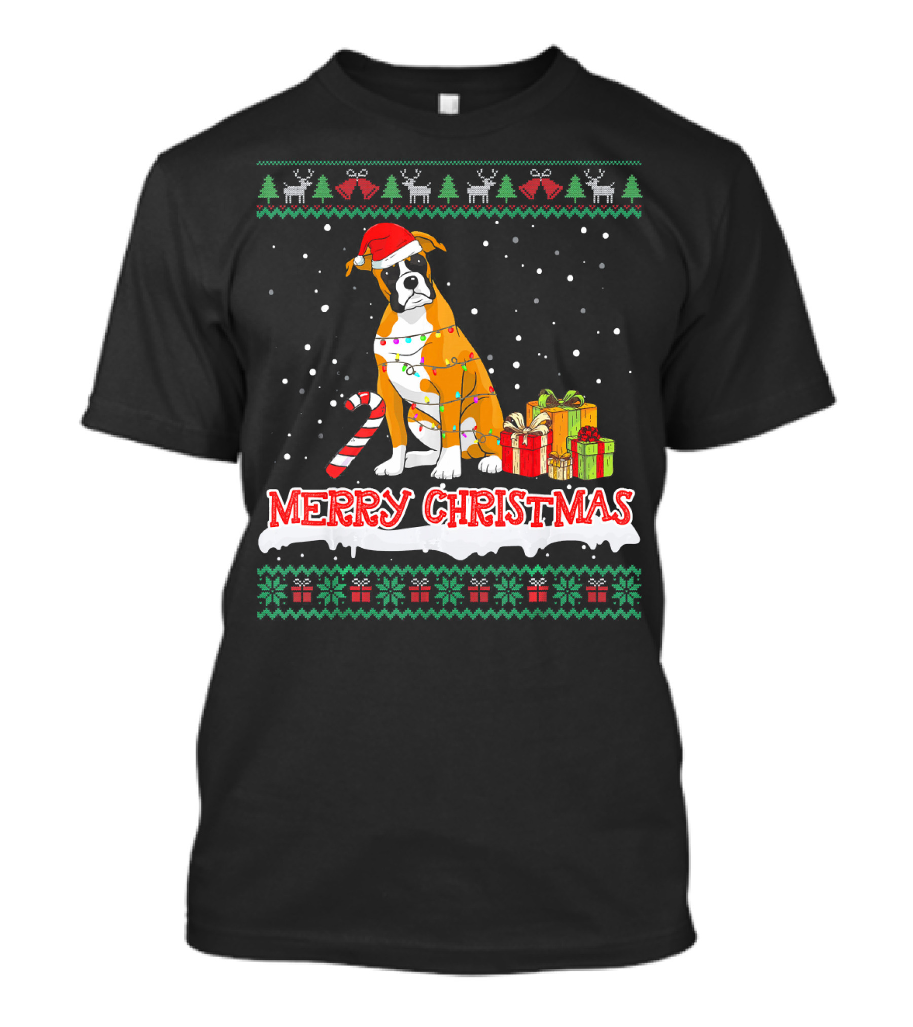 Merry Christmas Boxer Dog Lights Presents T-Shirt