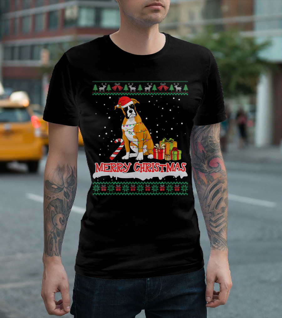 Merry Christmas Boxer Dog Lights Presents T-Shirt