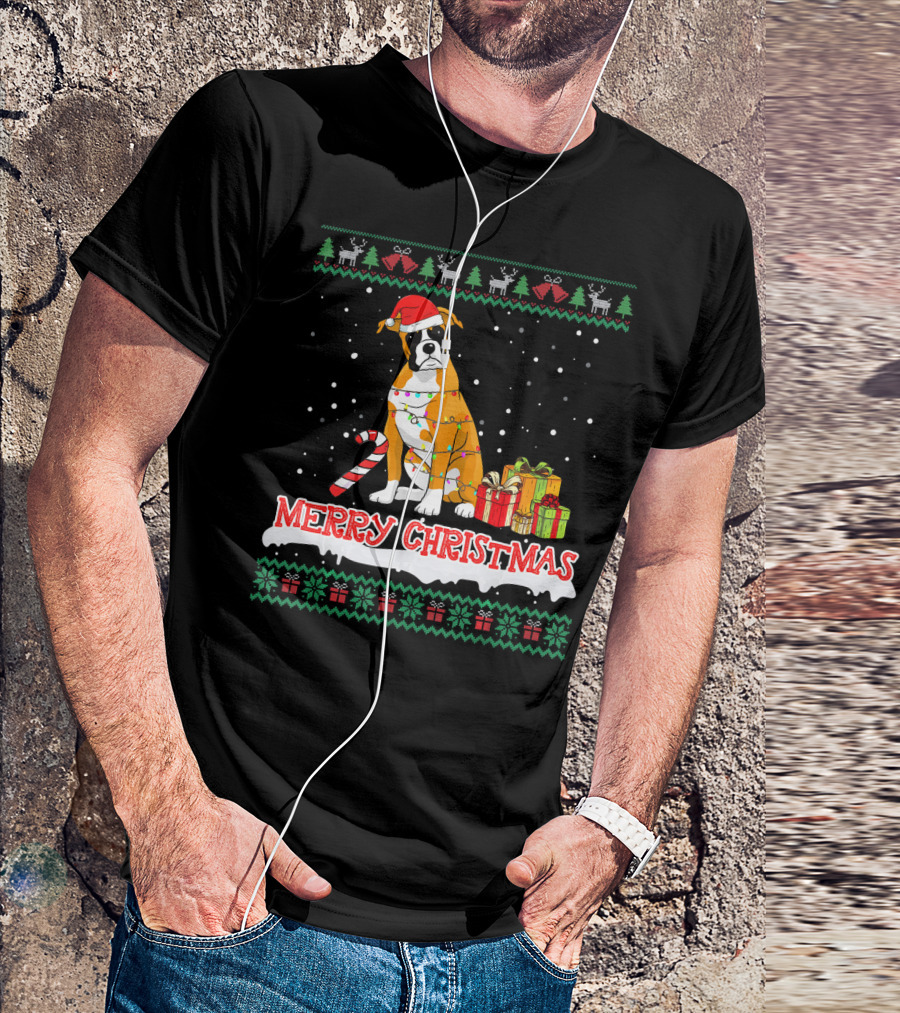 Merry Christmas Boxer Dog Lights Presents T-Shirt