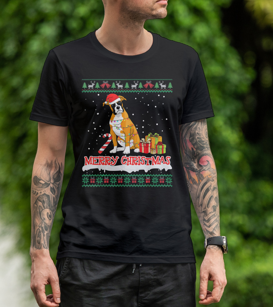 Merry Christmas Boxer Dog Lights Presents T-Shirt
