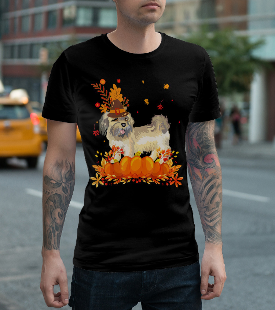 Cute Shih Tzu Dog in Autumn Harvest with Pumpkins and Pilgrim Hat T-Shirt