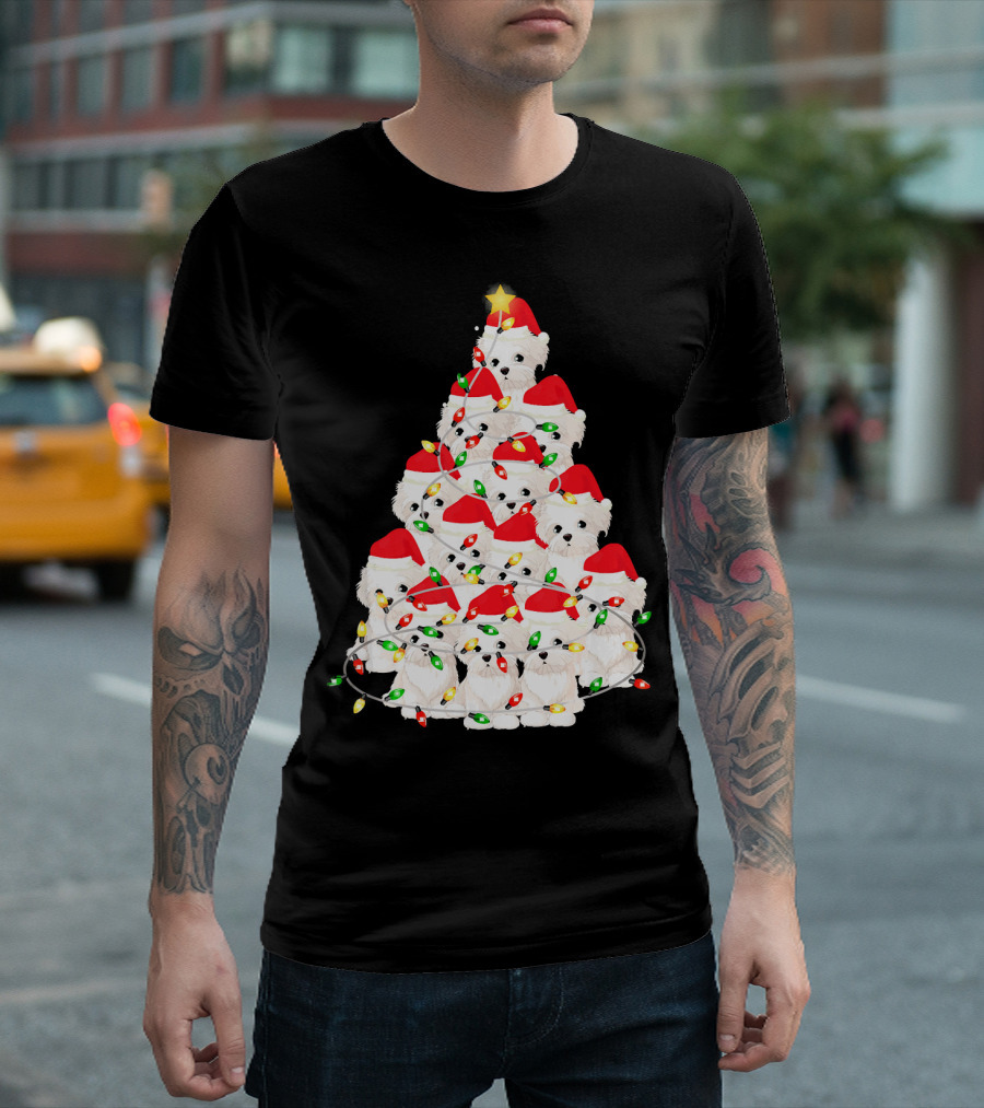 Cute Maltese Dogs Christmas Tree with Funny Merry Santa Hats and Lights T-Shirt