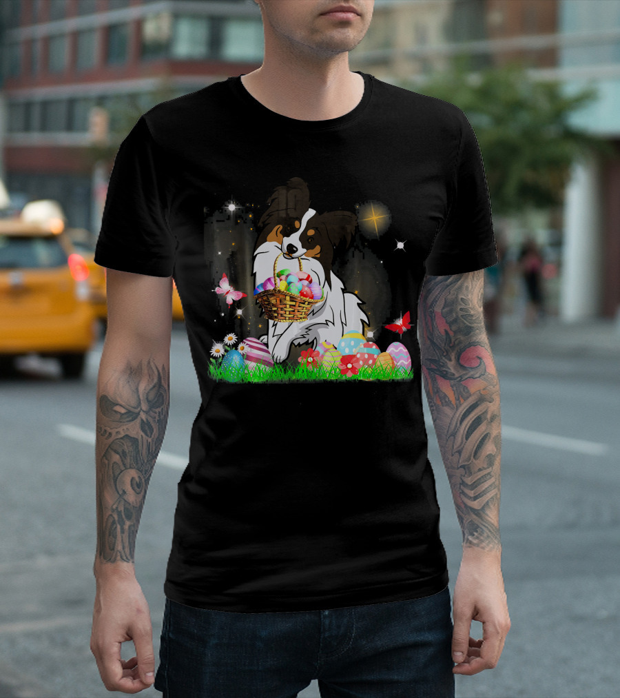Easter Day Papillon Holding Basket With Colorful Eggs and Butterflies T-Shirt