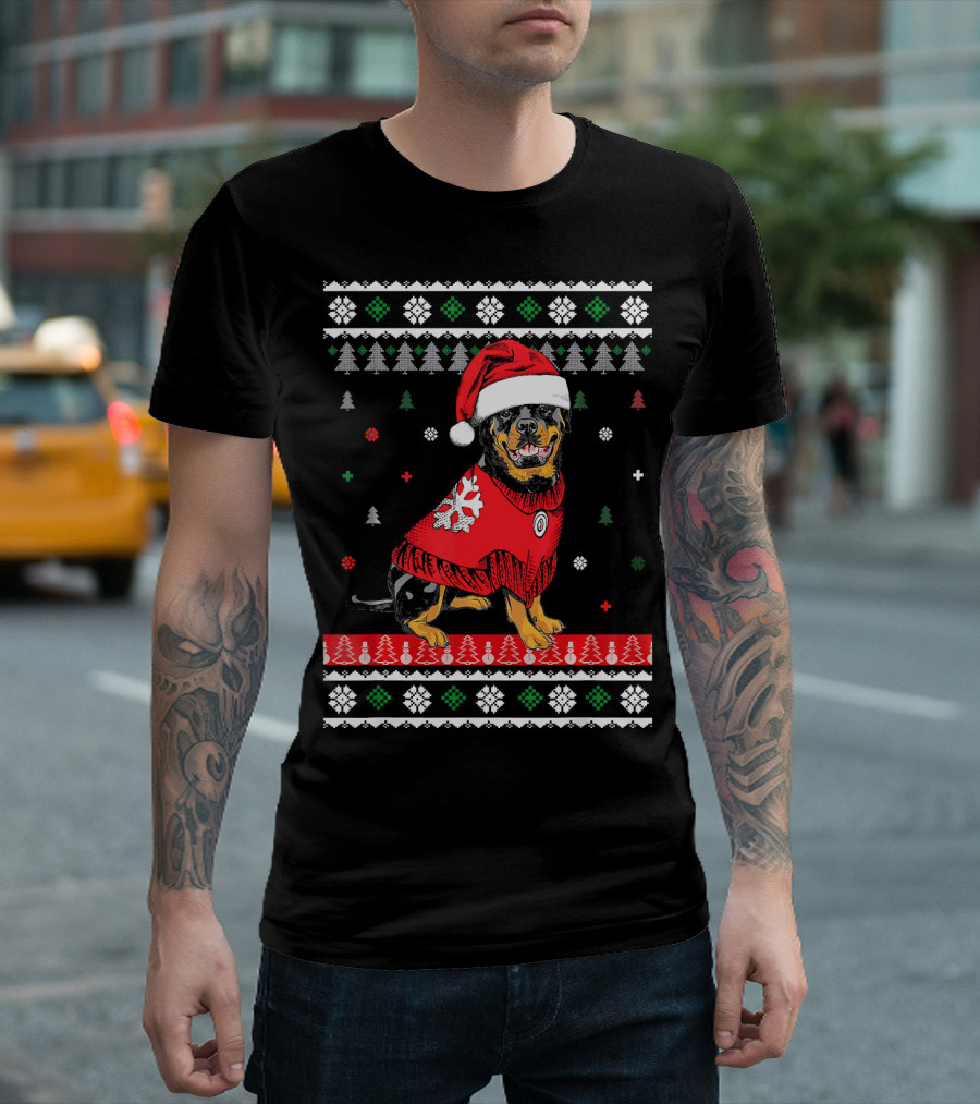 Adorable Rottweiler in Santa Hat and Festive Sweater with Christmas Trees and Snowflakes T-Shirt