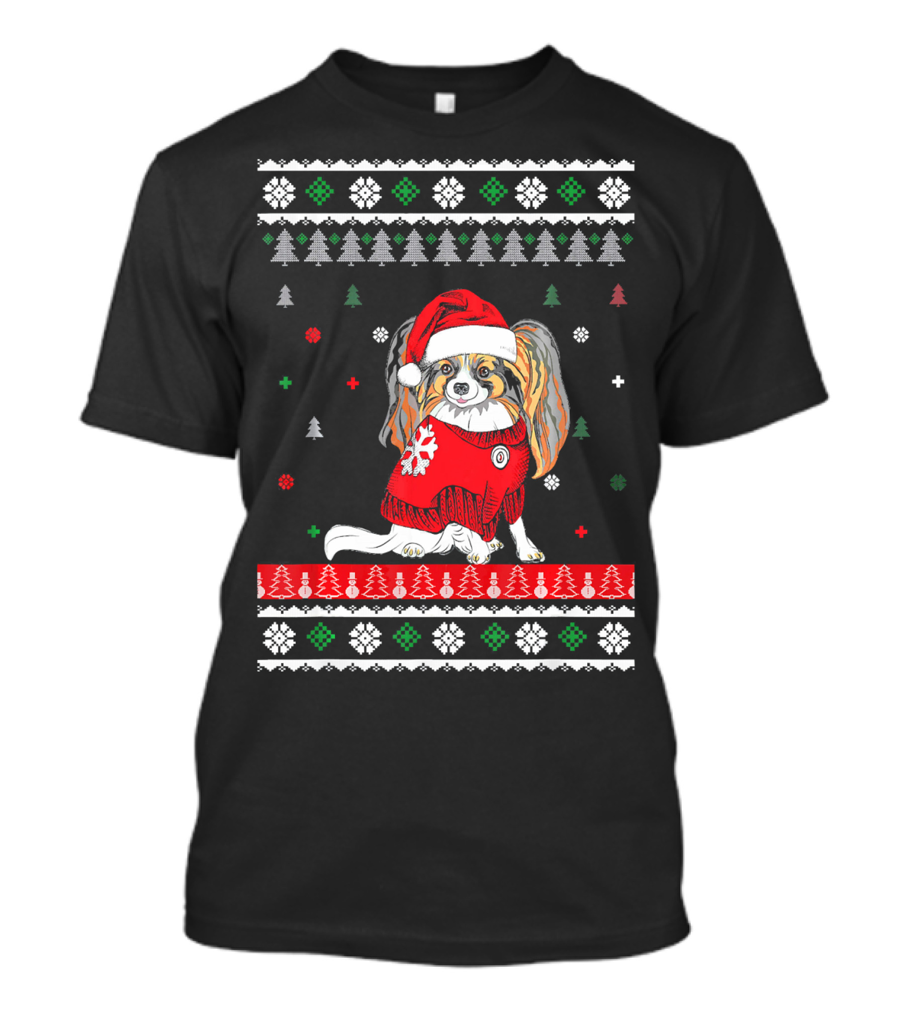 Papillon Dog Christmas Sweater Santa Hat Ugly T-Shirt