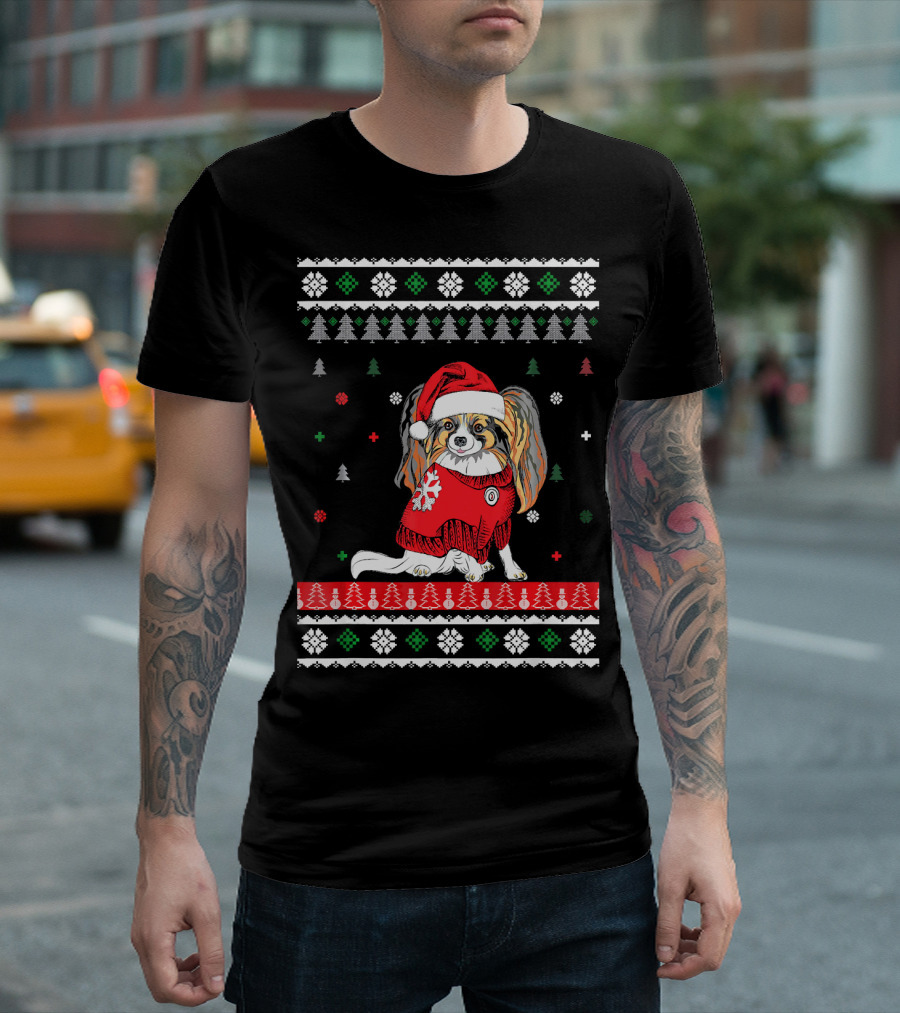 Papillon Dog Christmas Sweater Santa Hat Ugly T-Shirt