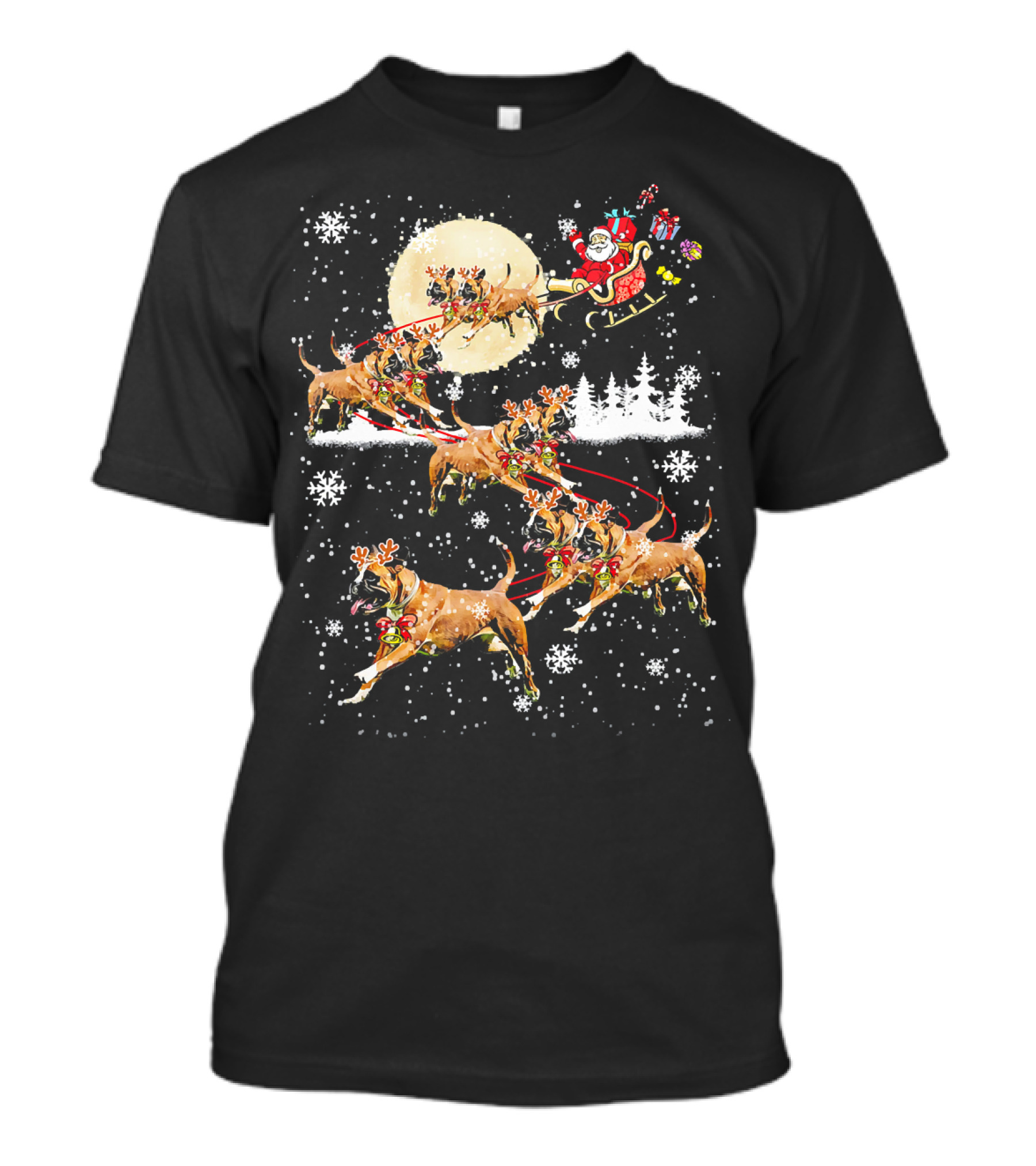 Boxer Reindeer Santa Sleigh Christmas Dogs Snowflake Scene T-Shirt