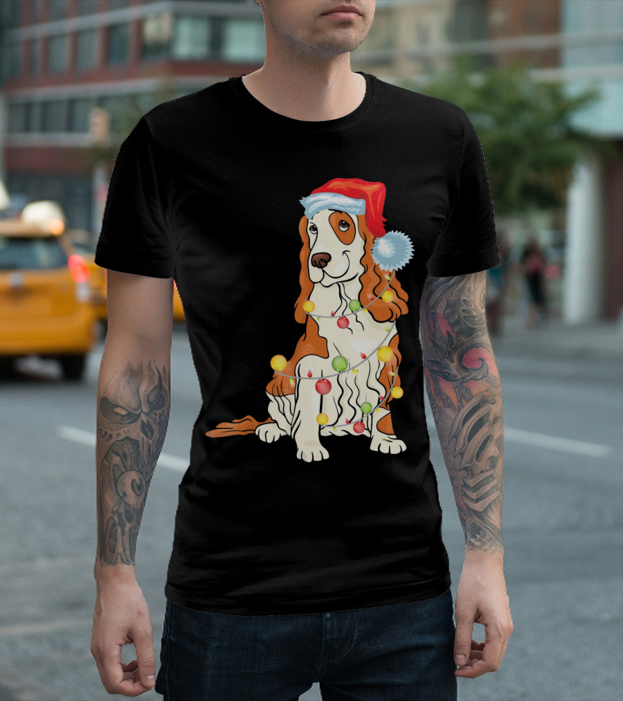 Cocker Spaniel Wearing Santa Hat With Christmas Lights T-Shirt