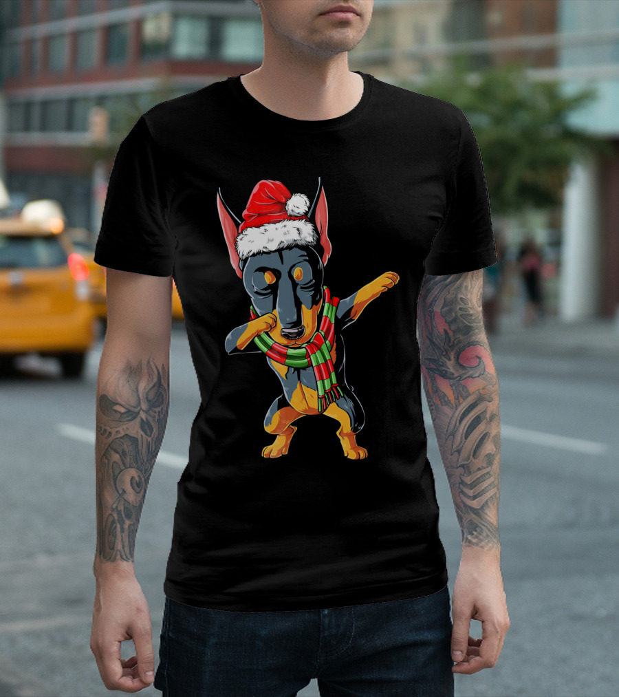 Dabbing Doberman Santa In Christmas Scarf T-Shirt