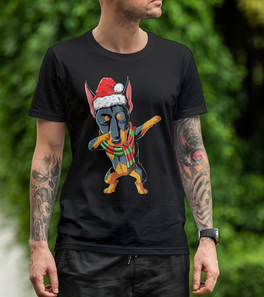 Dabbing Doberman Santa In Christmas Scarf T-Shirt