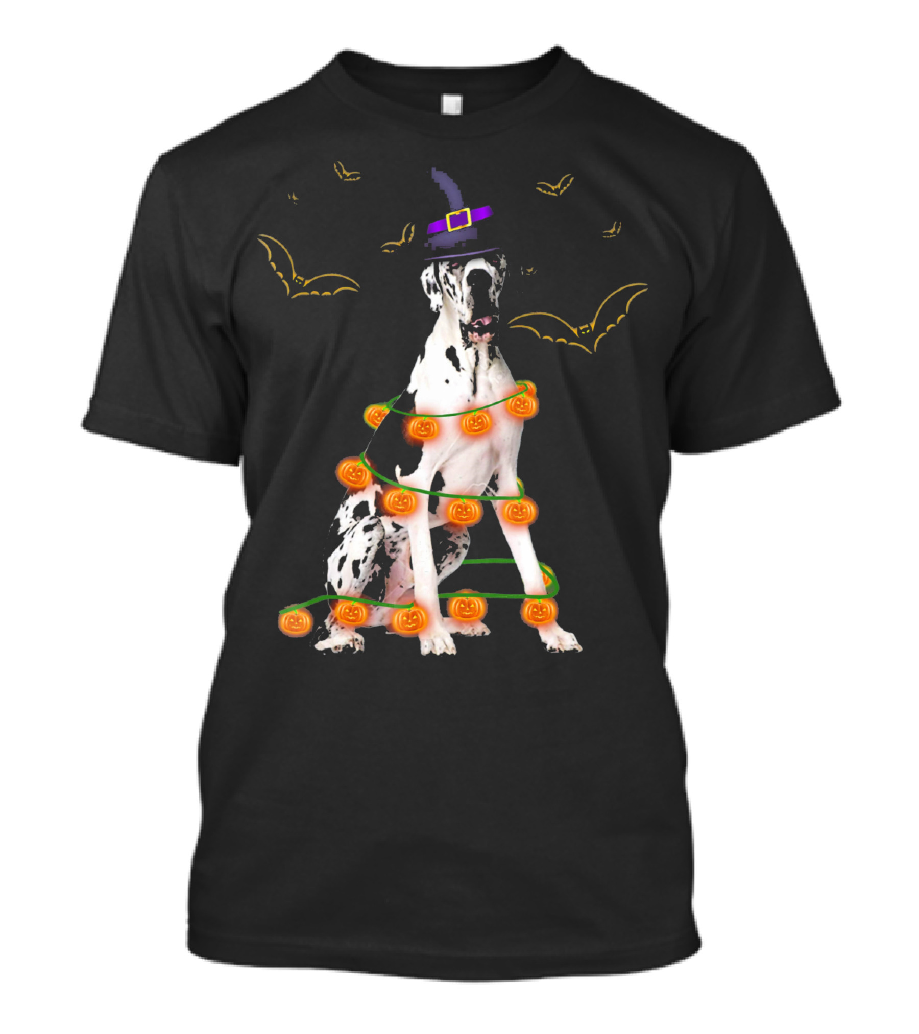 Great Dane Halloween Pumpkin Lights And Witch Hat With Bats T-Shirt