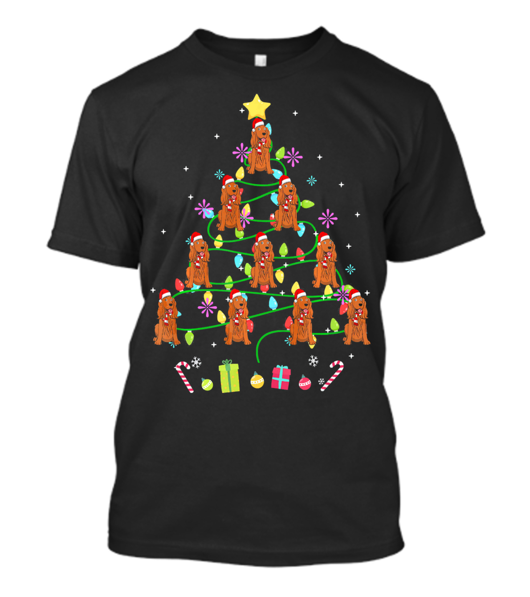 Funny Cocker Spaniel Christmas Tree With Santa Hats And Presents T-Shirt