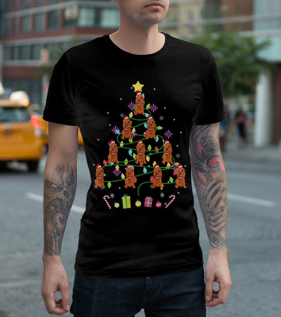 Funny Cocker Spaniel Christmas Tree With Santa Hats And Presents T-Shirt