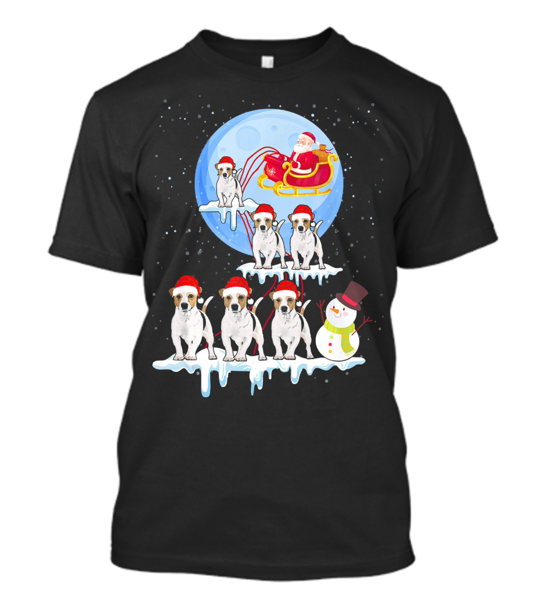 Jack Russell Santa Sleigh Moon Snowman Christmas Dogs T-Shirt