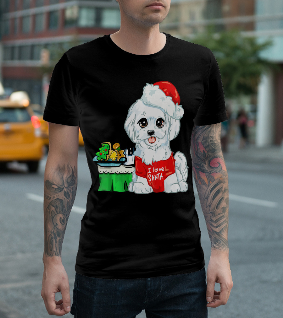 I Love Santa Cute White Maltese Dog With Christmas Treats T-Shirt