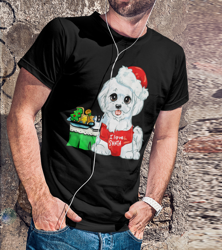 I Love Santa Cute White Maltese Dog With Christmas Treats T-Shirt