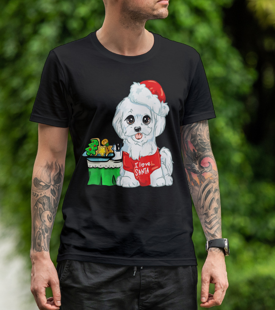 I Love Santa Cute White Maltese Dog With Christmas Treats T-Shirt