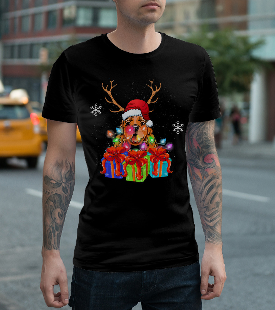 Festive Cocker Spaniel Christmas Antlers Santa Hat Light Gifts T-Shirt