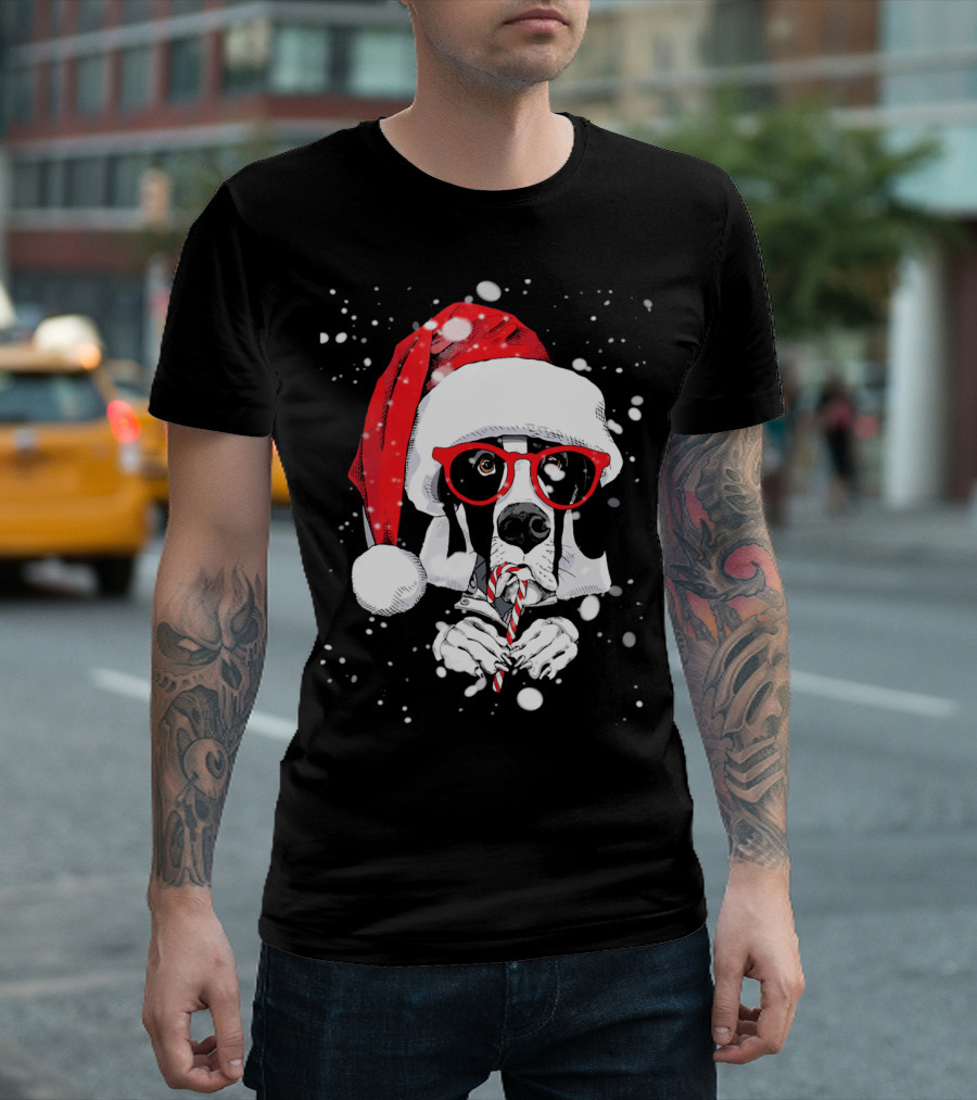 Great Dane with Santa Hat and Candy Cane in Snowy Glasses T-Shirt