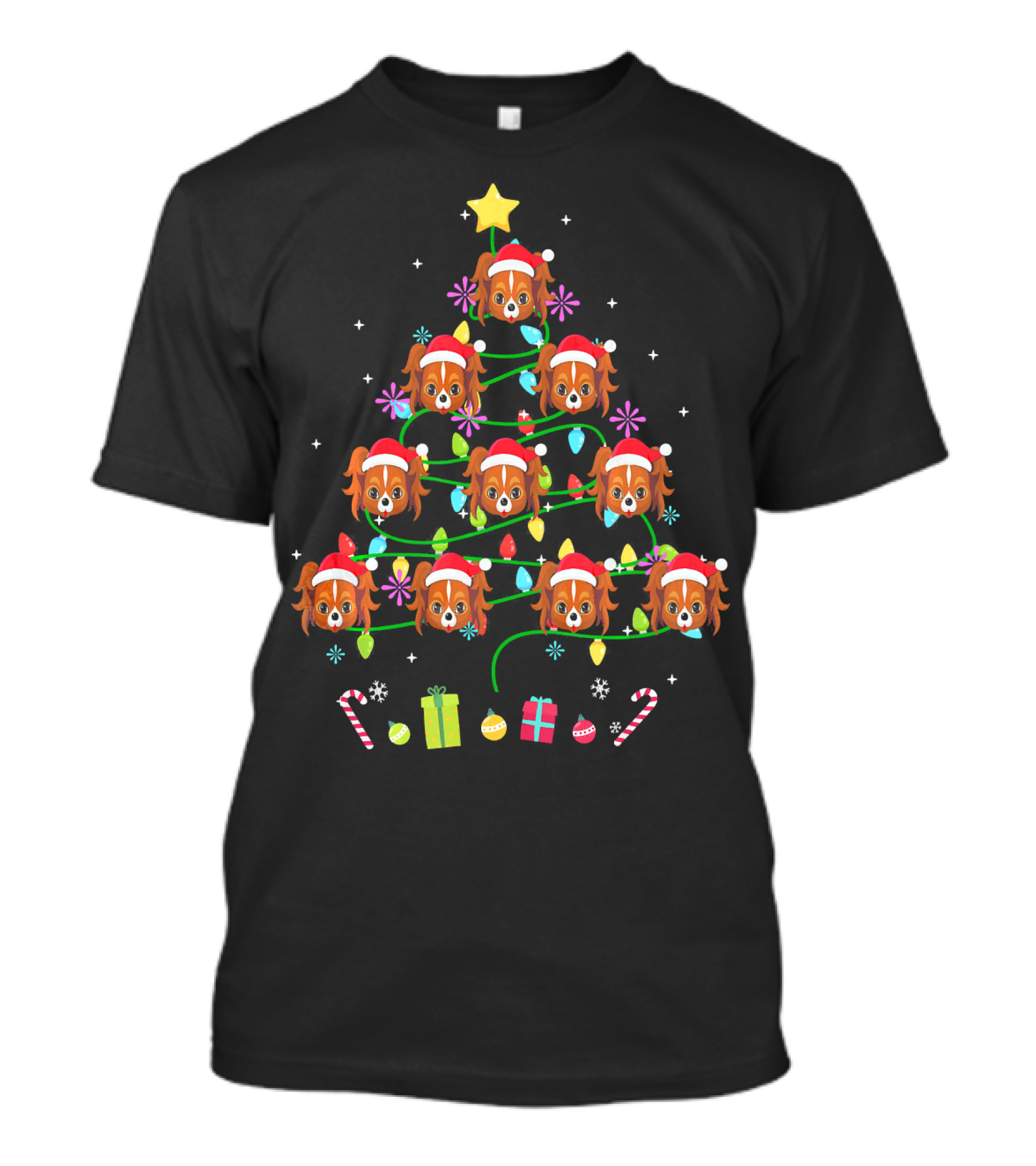Funny Papillon Christmas Tree Santa Hat Lights Candy Cane Gifts T-Shirt