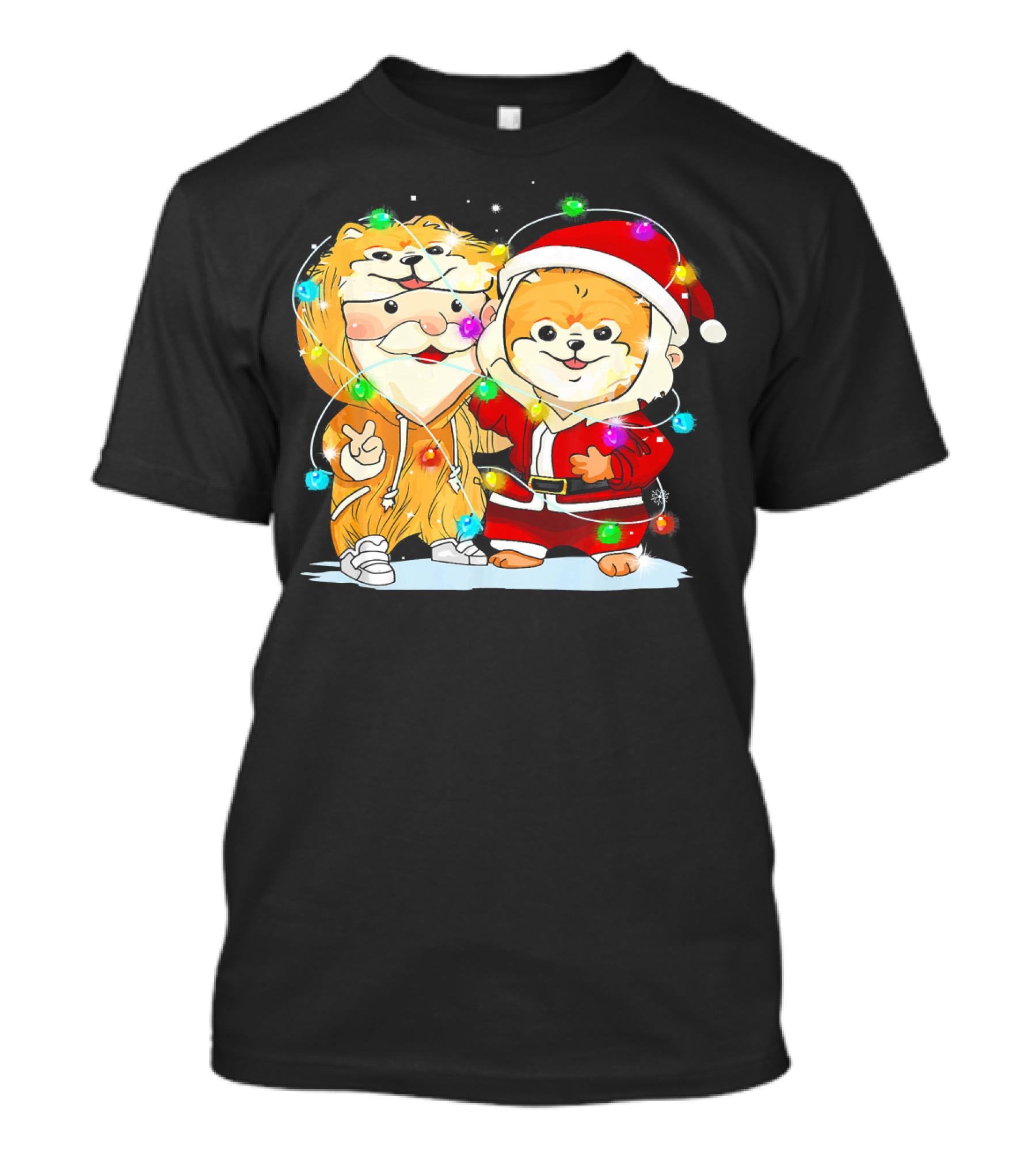 Pomeranian Wearing Santa Suit With Christmas Lights And Santa Companion T-Shirt