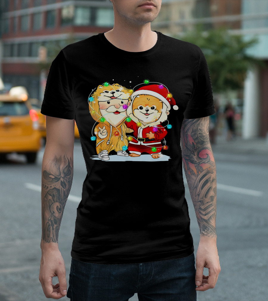 Pomeranian Wearing Santa Suit With Christmas Lights And Santa Companion T-Shirt