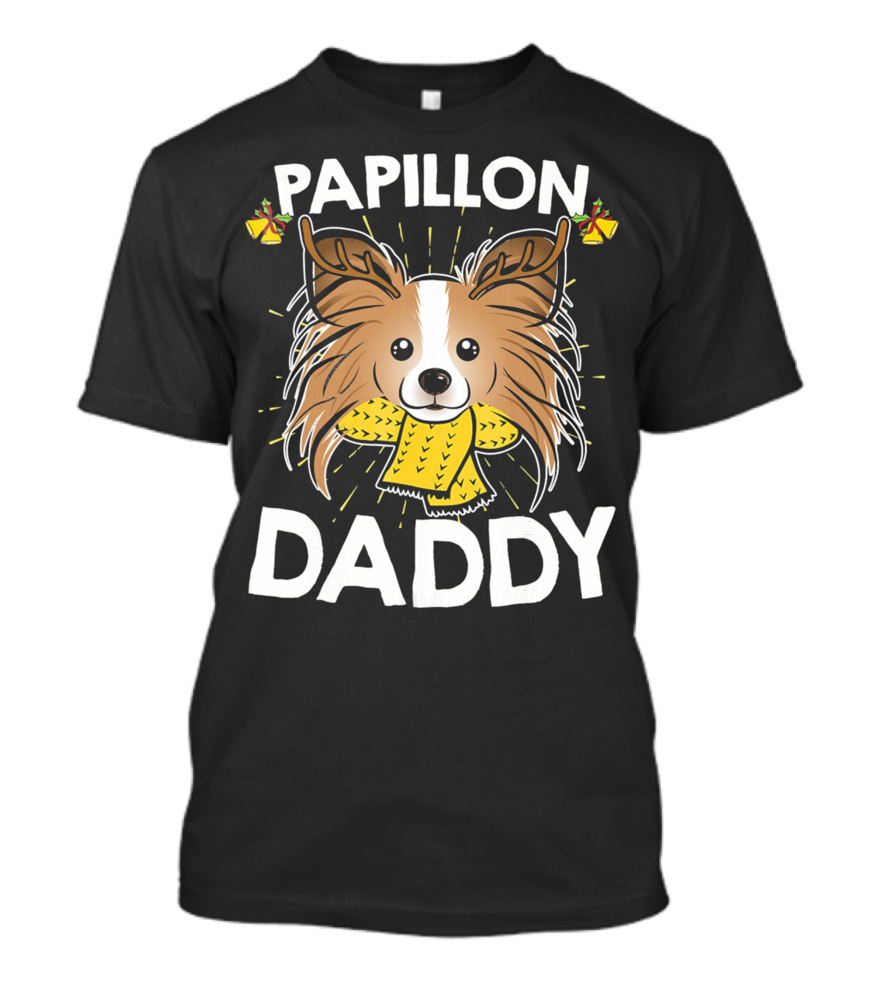 Papillon Daddy Cute Dog With Yellow Sweater And Bells T-Shirt